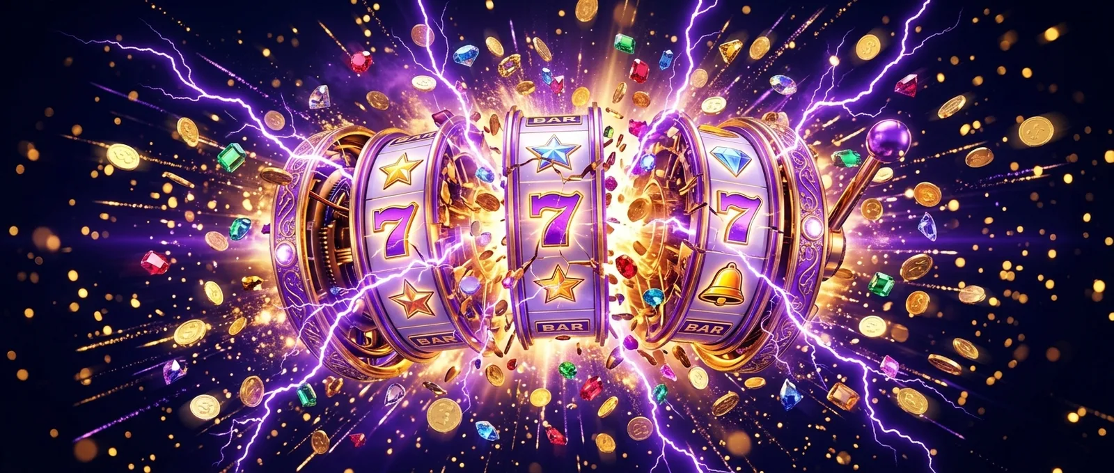 Grand Mondial casino slot reels exploding with gold coins, gems and violet lightning